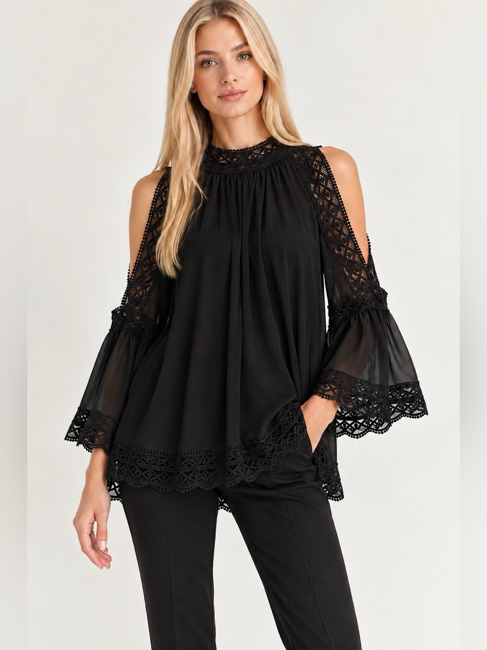 ROMAN Black Lace Cold Shoulder Bell Sleeve Chiffon Blouse